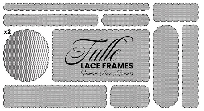 Black tulle lace border frames with scalloped dotted edges, fine hexagonal mesh fill plus circle, rectangle, strip forms isolated on white background as vintage decorative vector invitation set.