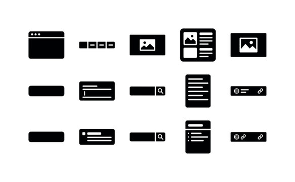 Website Interface Template, solid glyph icon set featuring browser window, navigation menu, hero panel, content card, image frame, button, form field, search bar, sidebar, footer, covering website