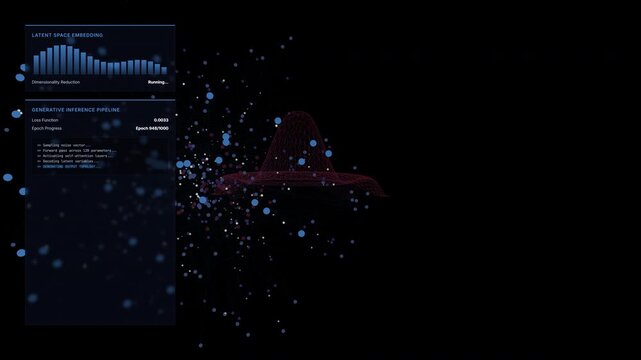Generative AI Algorithm: A futuristic 3D particle network animation illustrating machine learning concepts like latent space embedding and generative inference pipelines with glowing blue data points 