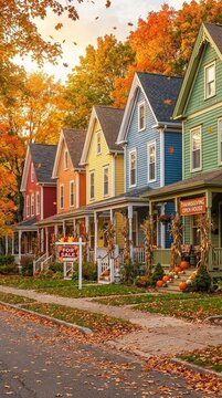 Autumn street scene with colorful fall foliage framing quaint historic homes, perfect for seasonal greetings or cozy autumn narratives, evoking nostalgia and warmth