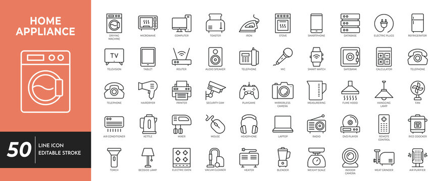 Home Appliance outline icon set. Editable stroke