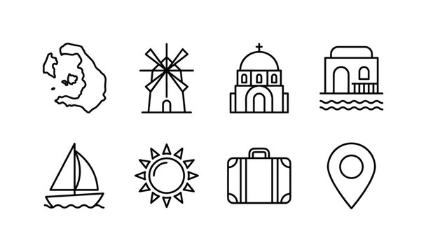 Santorini Island Travel, line icon set featuring Santorini map, white windmill, blue dome church, coastal house, sailboat, sun, suitcase and map pin, covering Greece tourism, Aegean holidays,