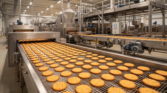Automated industrial conveyor line baking and processing fresh cookies in modern food factory