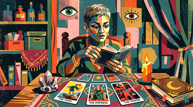 focused tarot reader in a cozy, book-lined study, Graphic poster style illustration