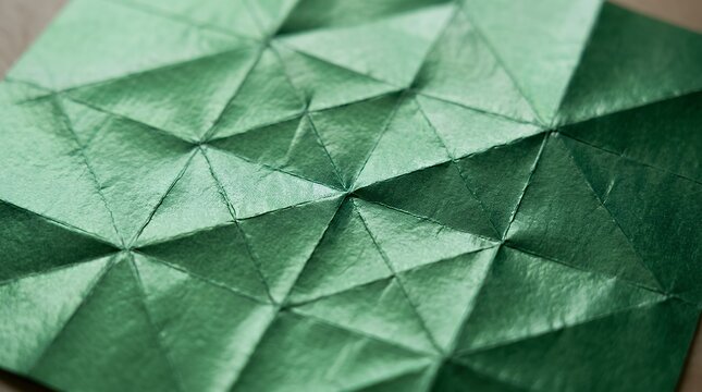 Shiny green origami craft paper surface displaying realistic folds subtle light reflection and subtle paper creases green paper origami craft surface glossy reflective reflection crease fold texture