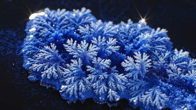Abstract Blue Crystalline Snowflake Structures on Dark Background.