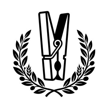 Minimalist clothespin icon framed by a laurel wreath black and white vector illustration