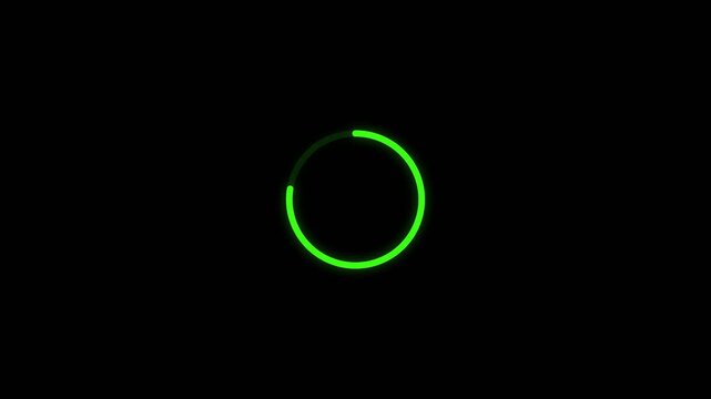 Green neon circular loader animation spinning and filling on black background