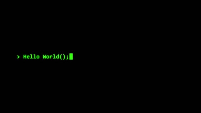 Green terminal cursor typing Hello World programming code animation on black screen
