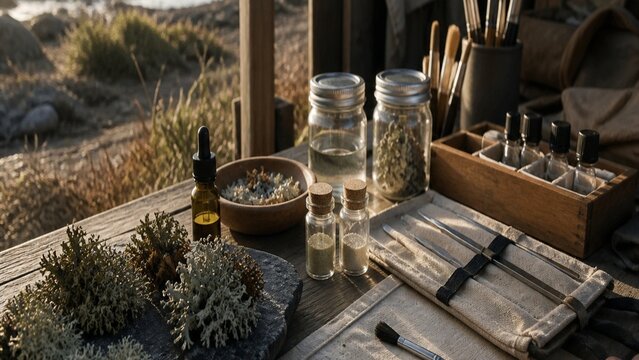 Rustic wooden surface displaying assorted handcrafted items, including small candles and decorative bottles, perfect for farmhouse or vintage themed content, ideal for home decor staging