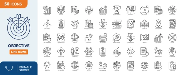Fotobehang Karaktertjes objective line editable icon set. Containing objective, target, goal, focus, priority, strategy, purpose, milestone, achievement, and more. Vector illustration  © Cetacons