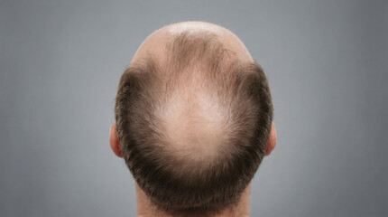 Naklejka premium Commercial stock photo of male pattern baldness and thinning hair. High-angle top-down view of a man head showing a receding hairline and empty vertex crown for alopecia and hair loss treatment concep