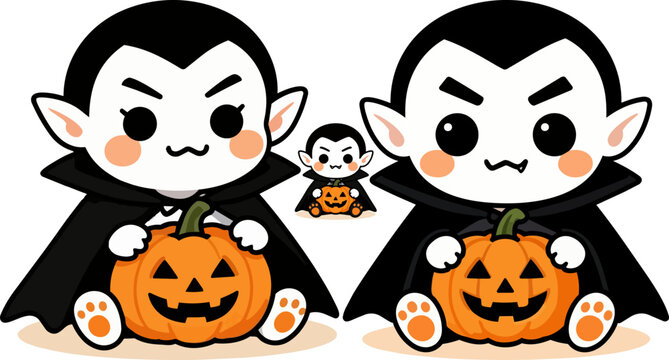 Kawaii vampire chibi characters holding Halloween pumpkins, cute dracula cartoon vector set, spooky seasonal holiday illustrations