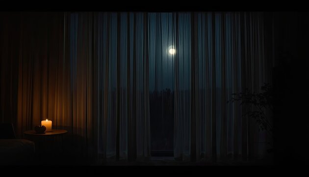 Dark room interior with glowing lamp and moonlight shining through window curtains