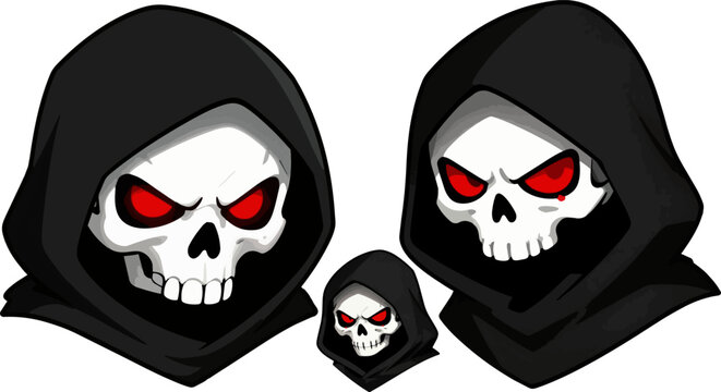 Grim reaper skull mascot with red eyes, hooded death skeleton character set, dark gothic horror vector illustration for gaming