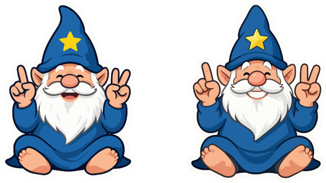 Cartoon wizard gnome characters, friendly garden gnome set with blue robes and star hats, magical fantasy mascot vector illustration