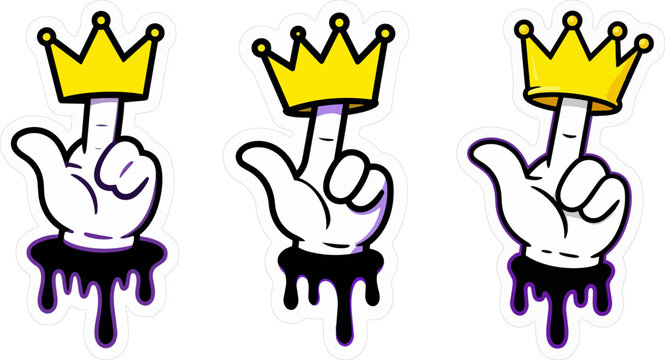 Cartoon hand middle finger with gold crown, rebellious street art sticker set, urban graffiti style finger gesture with dripping paint
