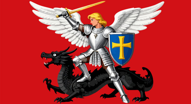 Archangel Michael warrior in silver armor, winged knight fighting black dragon, religious heraldic illustration on red background
