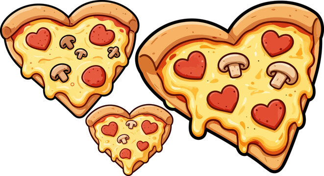 Heart shaped pizza slices with pepperoni and mushrooms, romantic food cartoon vector, cheesy italian pizza for valentines day
