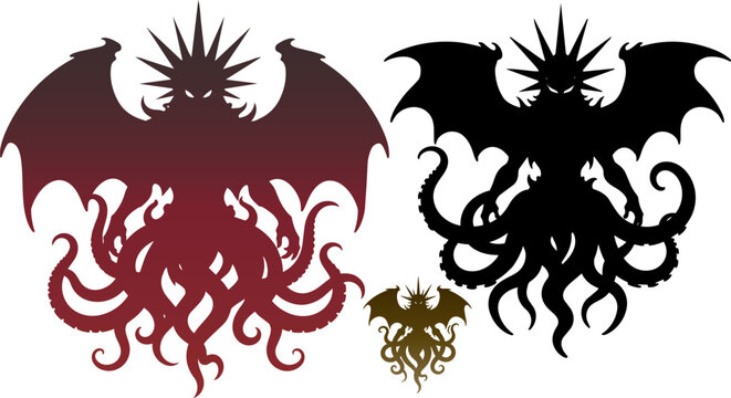 Eldritch horror monster silhouette set, dark fantasy creature with tentacles and wings, gothic demonic beast vector icons