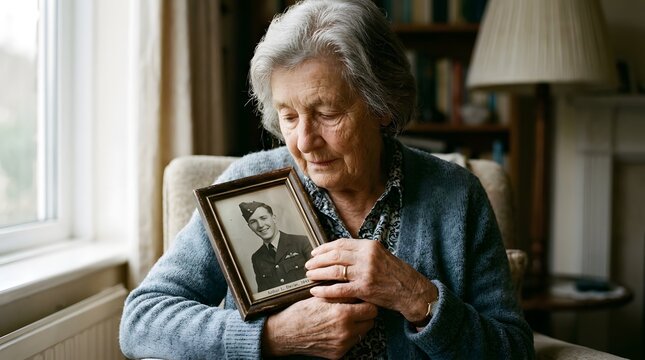 Elderly mother lovingly holding a framed portrait for Yom Kippur memory