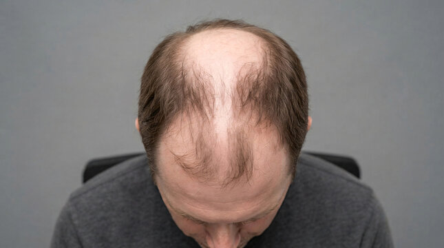 Commercial stock photo of male pattern baldness and thinning hair. High-angle top-down view of a man head showing a receding hairline and empty vertex crown for alopecia and hair loss treatment concep