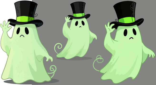 Cute ghost cartoon character set, spooky halloween spirits wearing top hats, 3 green ghostly vector mascots for party decor