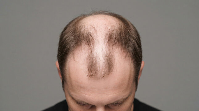 Commercial stock photo of male pattern baldness and thinning hair. High-angle top-down view of a man head showing a receding hairline and empty vertex crown for alopecia and hair loss treatment concep