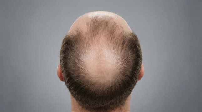 Commercial stock photo of male pattern baldness and thinning hair. High-angle top-down view of a man head showing a receding hairline and empty vertex crown for alopecia and hair loss treatment concep