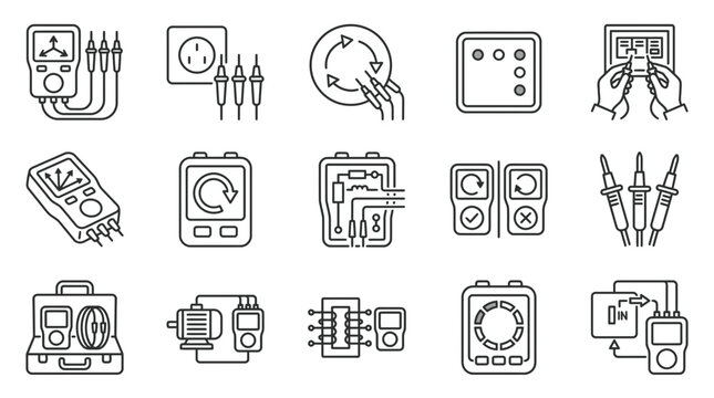 Electrical testing and multimeter measurement icon set for diagnostics and maintenance.