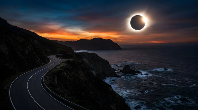 Coastal road under a solar eclipse by the ocean.