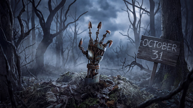 Robotic zombie hand eerie forest halloween scene metal hand spooky atmosphere graveyard soil dark woods dead tree horror concept october sign