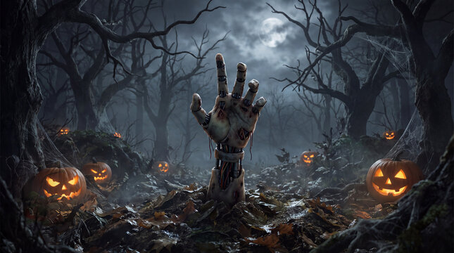 Robotic zombie hand eerie forest moonlit night halloween pumpkin spooky scene undead arm metal finger dark wood foggy landscape horror atmosphere