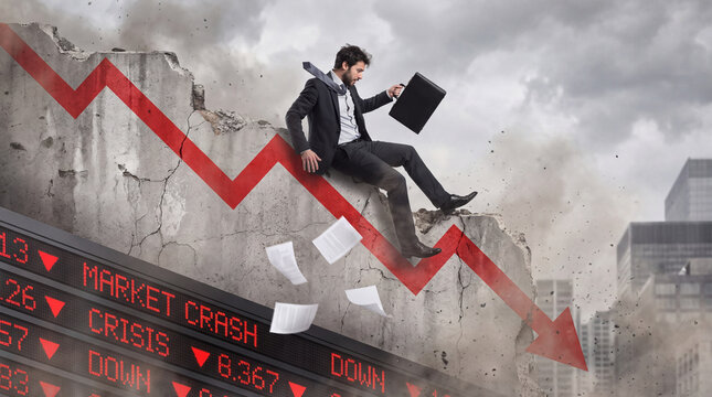 Businessman crash crisis down decline fall finance market stock business economic recession loss failure risk uncertainty debt bankrupt portfolio chart graph arrow red decline slump bear sell
