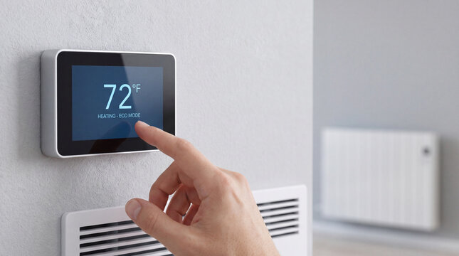 Smart thermostat adjusting temperature on wall in modern home interior