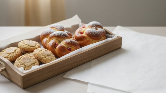 Assortment of fresh baked sweet buns arranged neatly on a wooden serving tray, perfect for bakery promotion or breakfast scenes, warm inviting morning atmosphere
