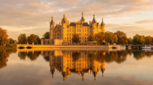 Castle reflection lake sunset historic building waterfront palace architecture travel Germany tranquil scene