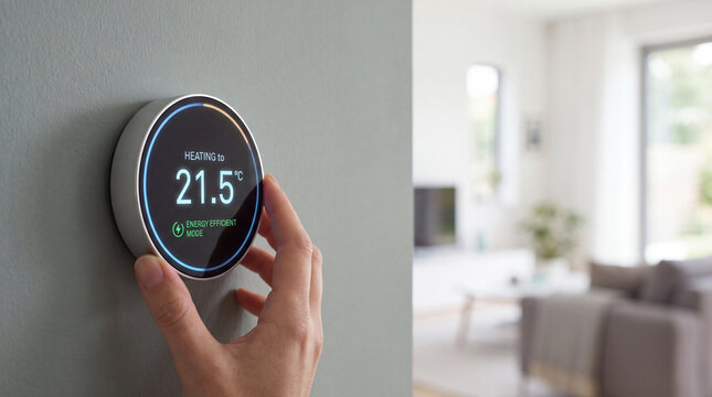 Smart thermostat adjusting home heating control hand turning wall mounted device energy efficient mode modern interior digital display temperature setting smart home climate control