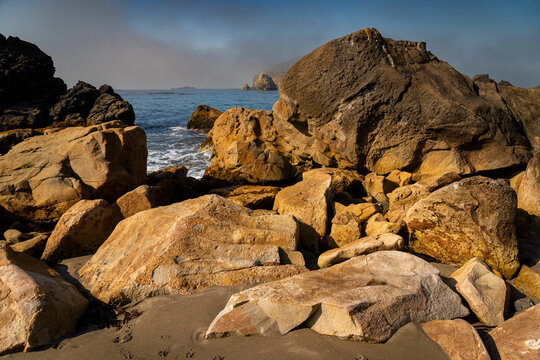 rocks on the beach at sunrise