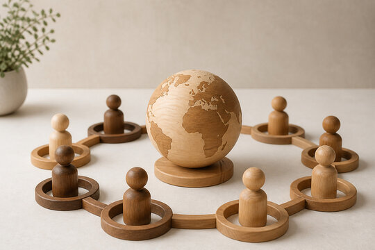 Minimal wooden globe surrounded by connected human figures, symbolizing global community, teamwork, communication and international collaboration.