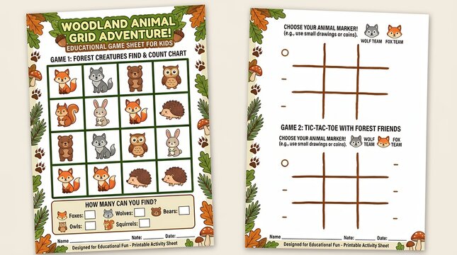Educational Woodland Animal Grid Game Sheet Featuring Forest Creatures game board game tic tac toe woodland animals chart worksheet printable activity kids children education puzzle grid wolf fox
