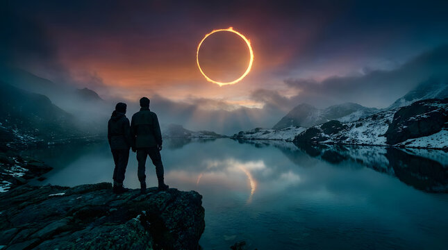 Couple watching annular solar eclipse over icy lake.
