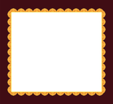 Gold pearl scallop lace square border with ornate crochet trim encloses white center on deep maroon. as Victorian textile frame suited to wedding invitations or elegant craft label cards.