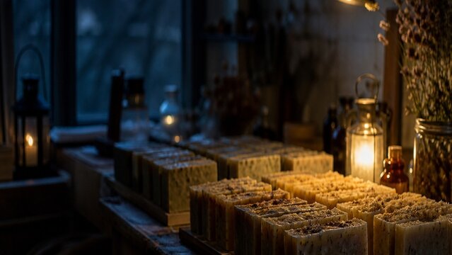 Handmade organic soap bars, rustic wooden workshop setting, warm candle lighting, natural skincare products, artisanal apothecary vibe
