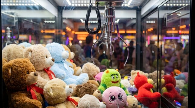 Metal Claw Machine Crane Over Various Plush Toys in Arcade Game