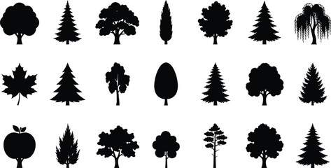Naklejka premium Black tree silhouettes collection, set of 21 forest and garden tree icons. Minimalist botanical vector shapes for landscape design and map icons.