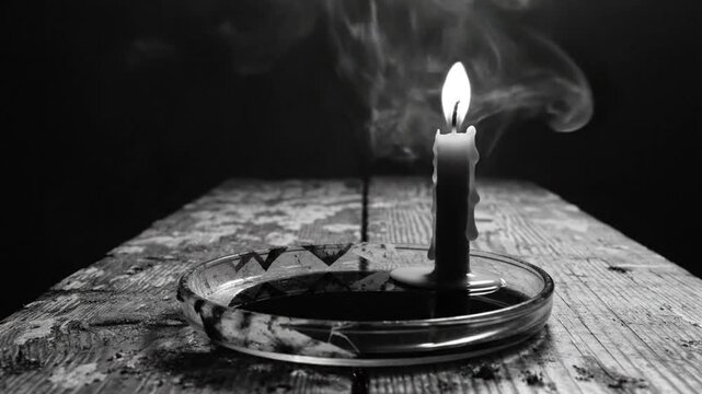Black and white close-up of a lit candle with smoke in a dark and moody setting on a wooden surface
