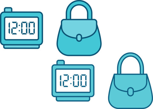 Illustrated icons of clocks and handbags showing the time 12:00 in a minimalist design style