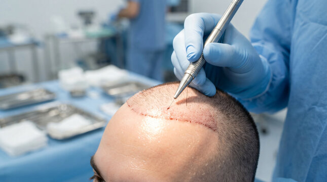 Commercial stock photo of a surgeon using a silver DHI implanter pen tool to place a hair graft. Close-up of modern direct hair implantation procedure on a clean receding hairline area.