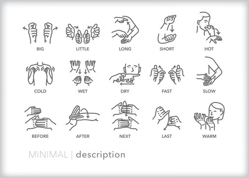 Set of 15 American Sign Language (ASL) icons showing how to describe objects by signing words or phrases 
